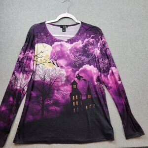 Erika Shirt Womens Medium Black Purple Haunted House Witch Sequin Halloween